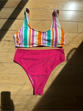 Cupshe Striped Bikini Top with Hot Pink High-Waist l, Tummy Control Bottom